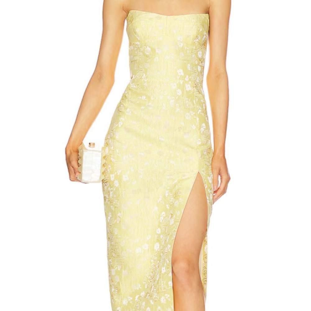 Amanda Uprichard Strapless Yellow Floral Split Midi Dress